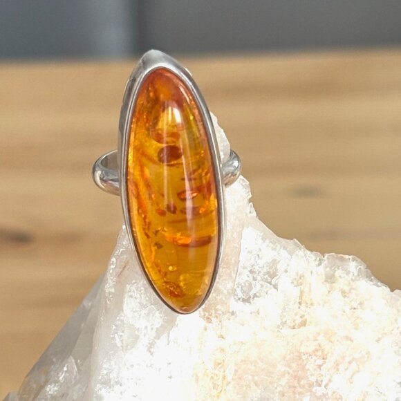 Large Amber & Sterling Silver Statement Ring Artisan Handmade Size 8 - Picture 9 of 16